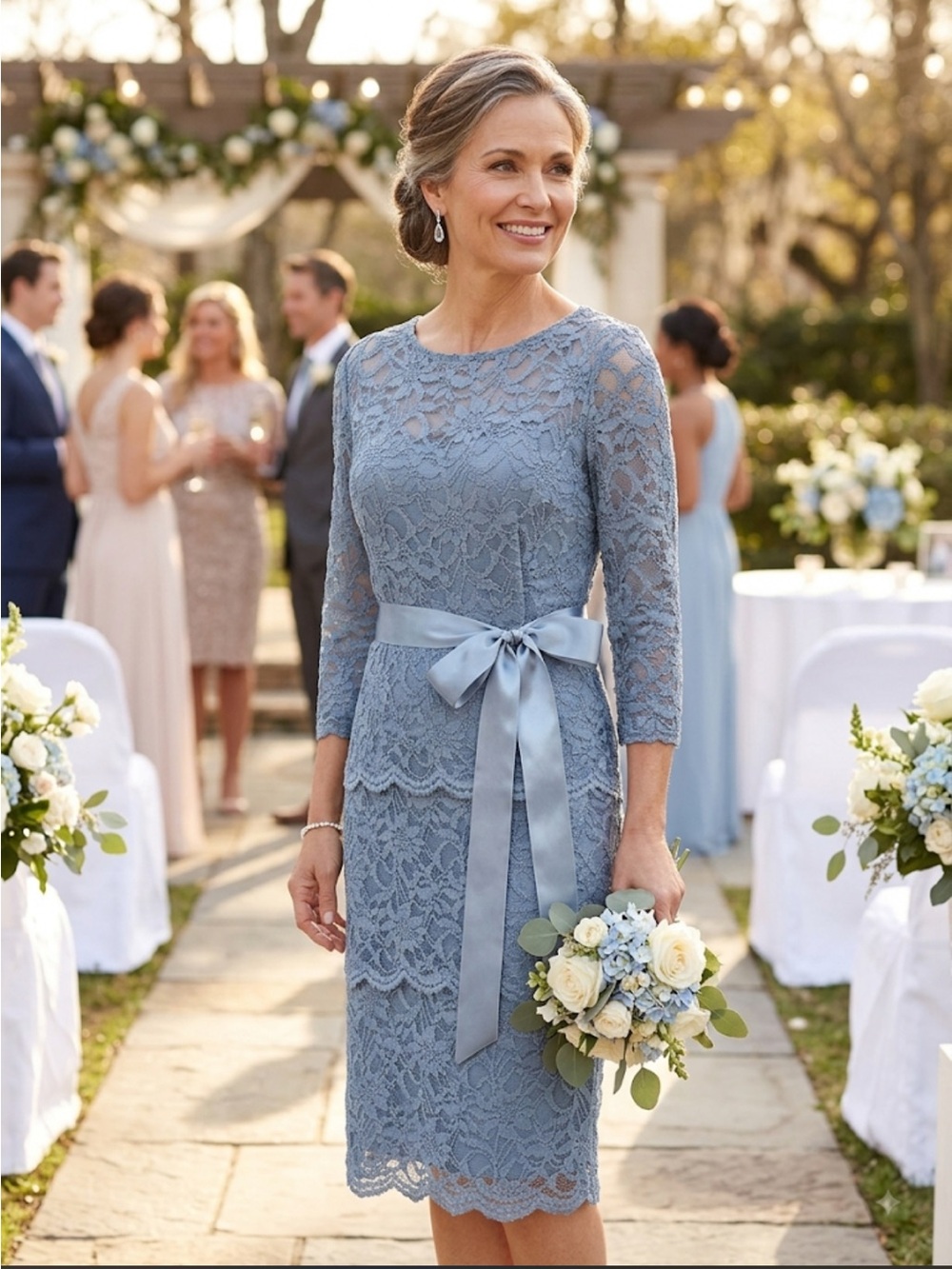 NWT Blu Sage Dusty Blue Lace Sheath Dress 3/4 Sleeves Satin Waist Sash MOB Midi